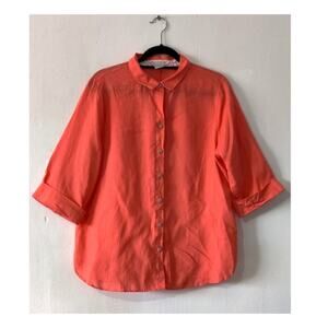 Chico's Non Iron Linen Orange Button Down Shirt 3/4 Sleeve Size 12‎ Resort Beach